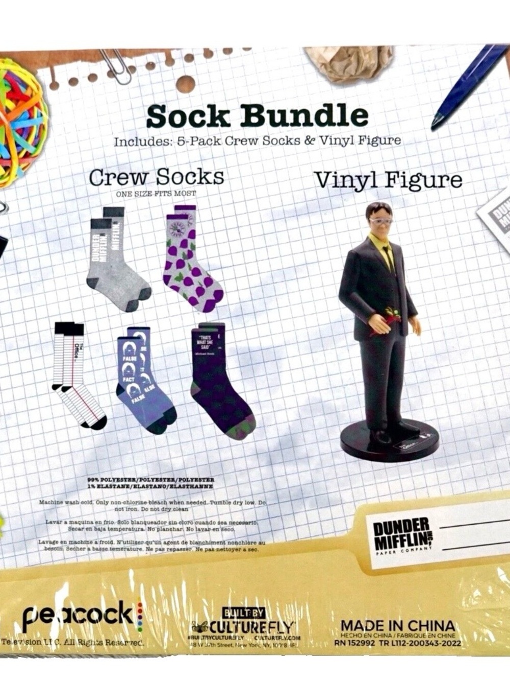 The Office set of five packs of socks and vinyl figure